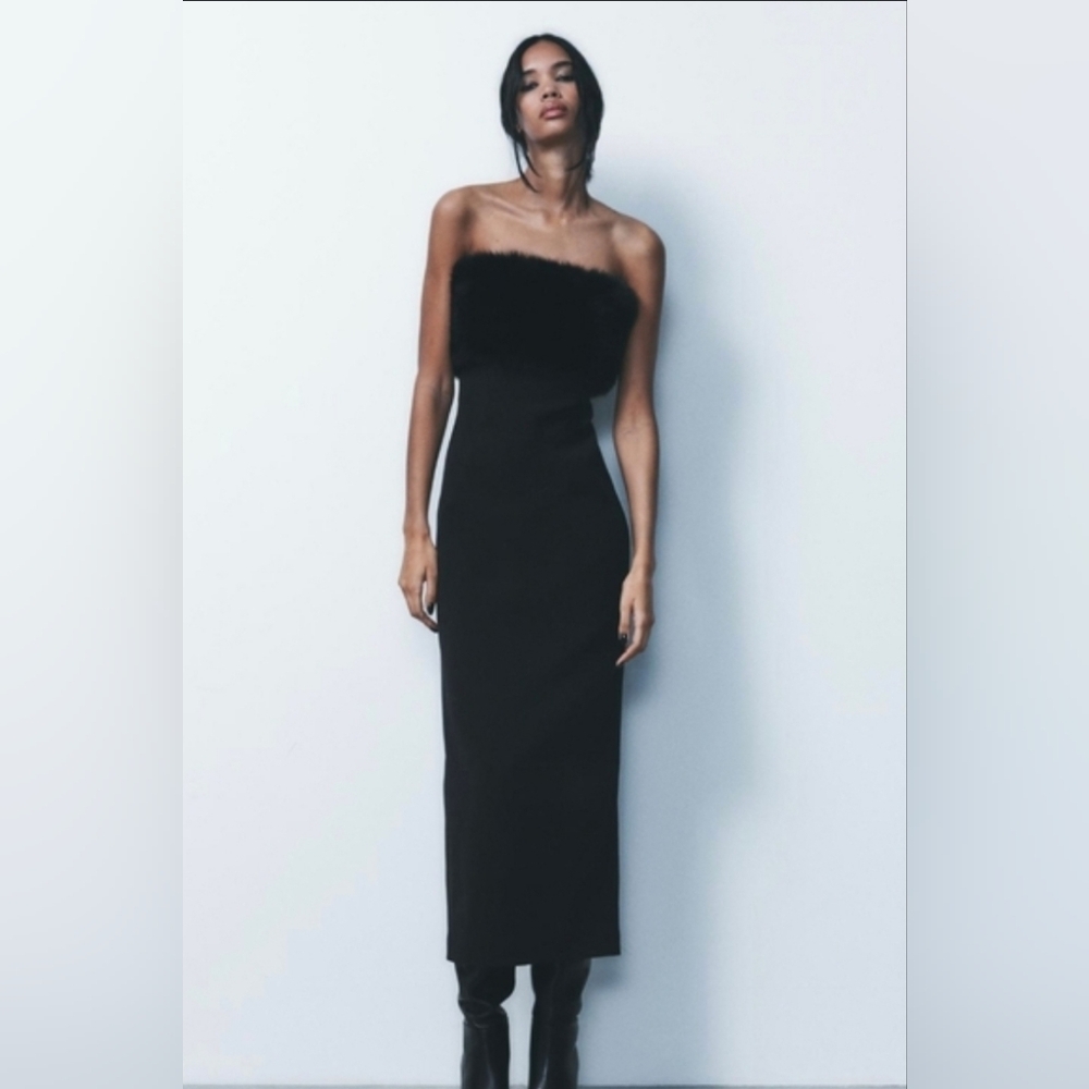 Zara CONTRASTING FAUX FUR MIDI DRESS